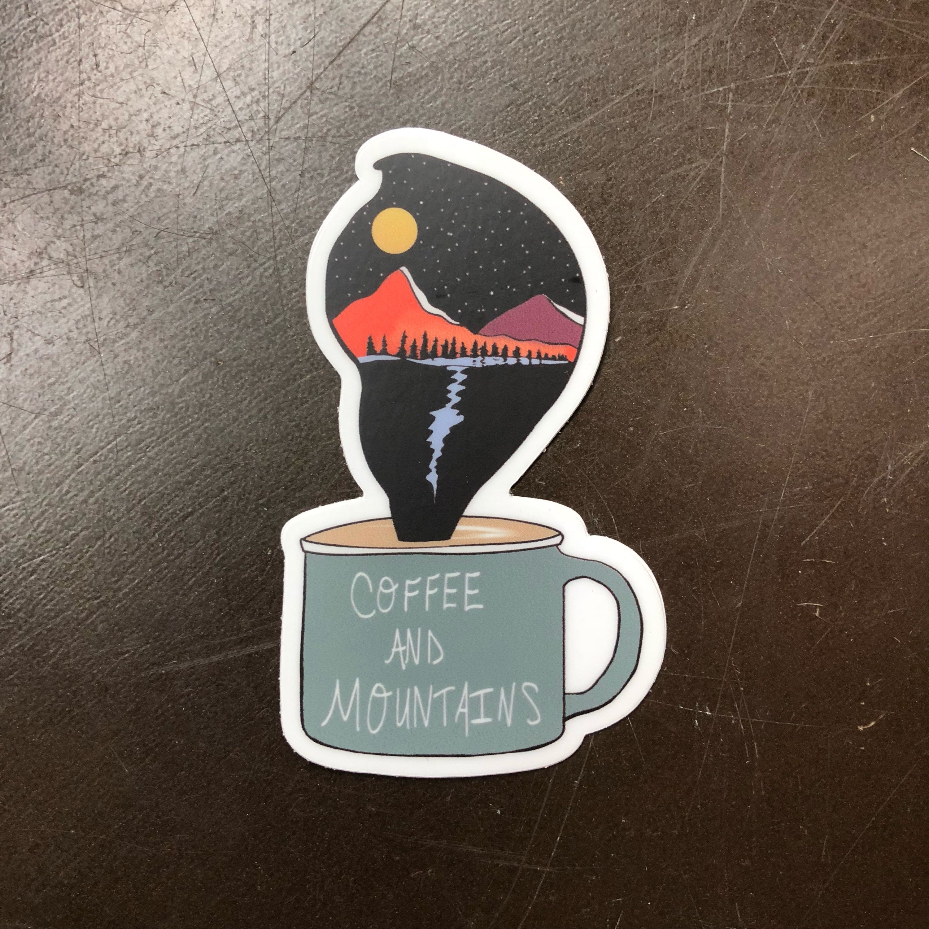 Coffee and Mountains Sticker-Vinyl Sticker-Roam Wild Designs