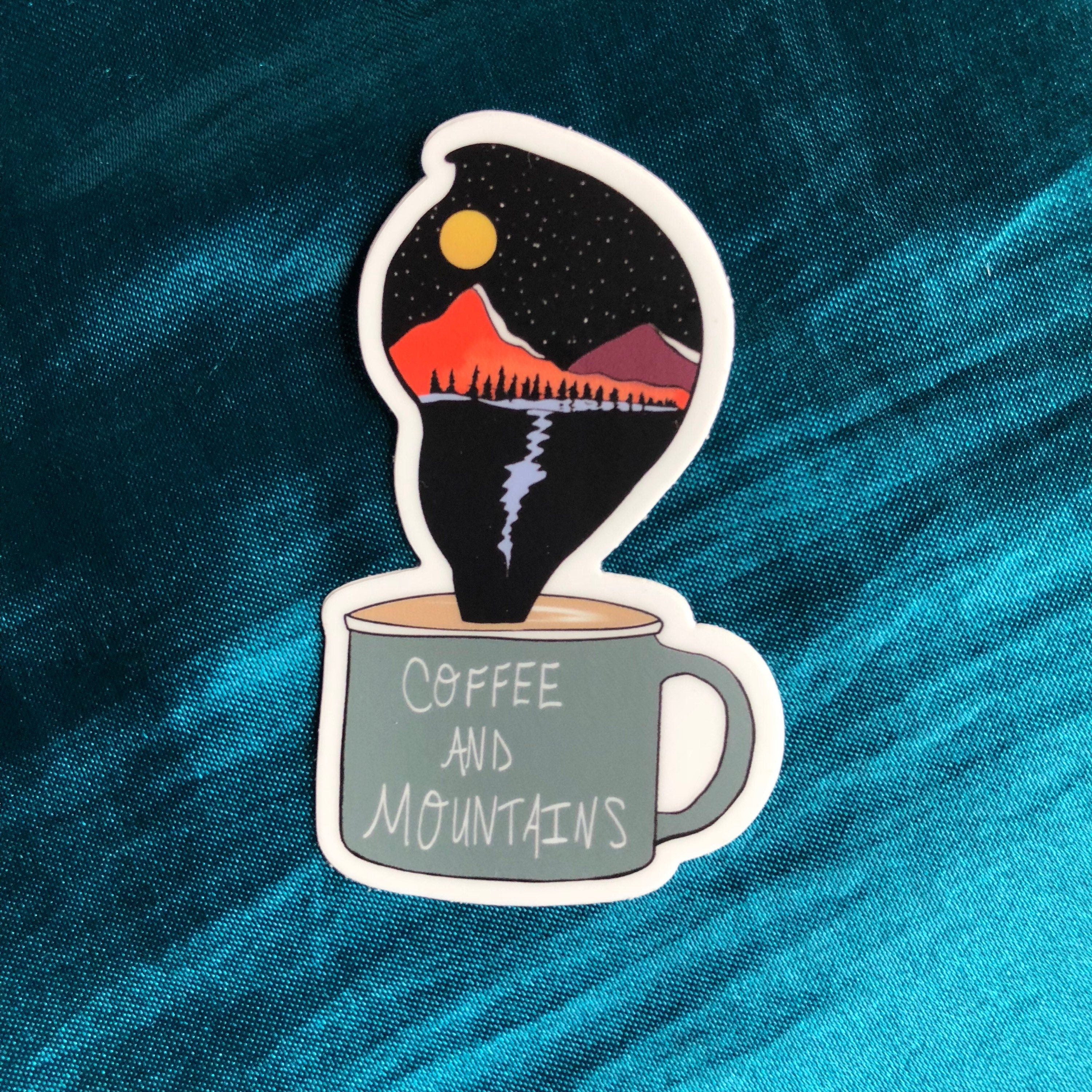 Coffee and Mountains Sticker-Vinyl Sticker-Roam Wild Designs