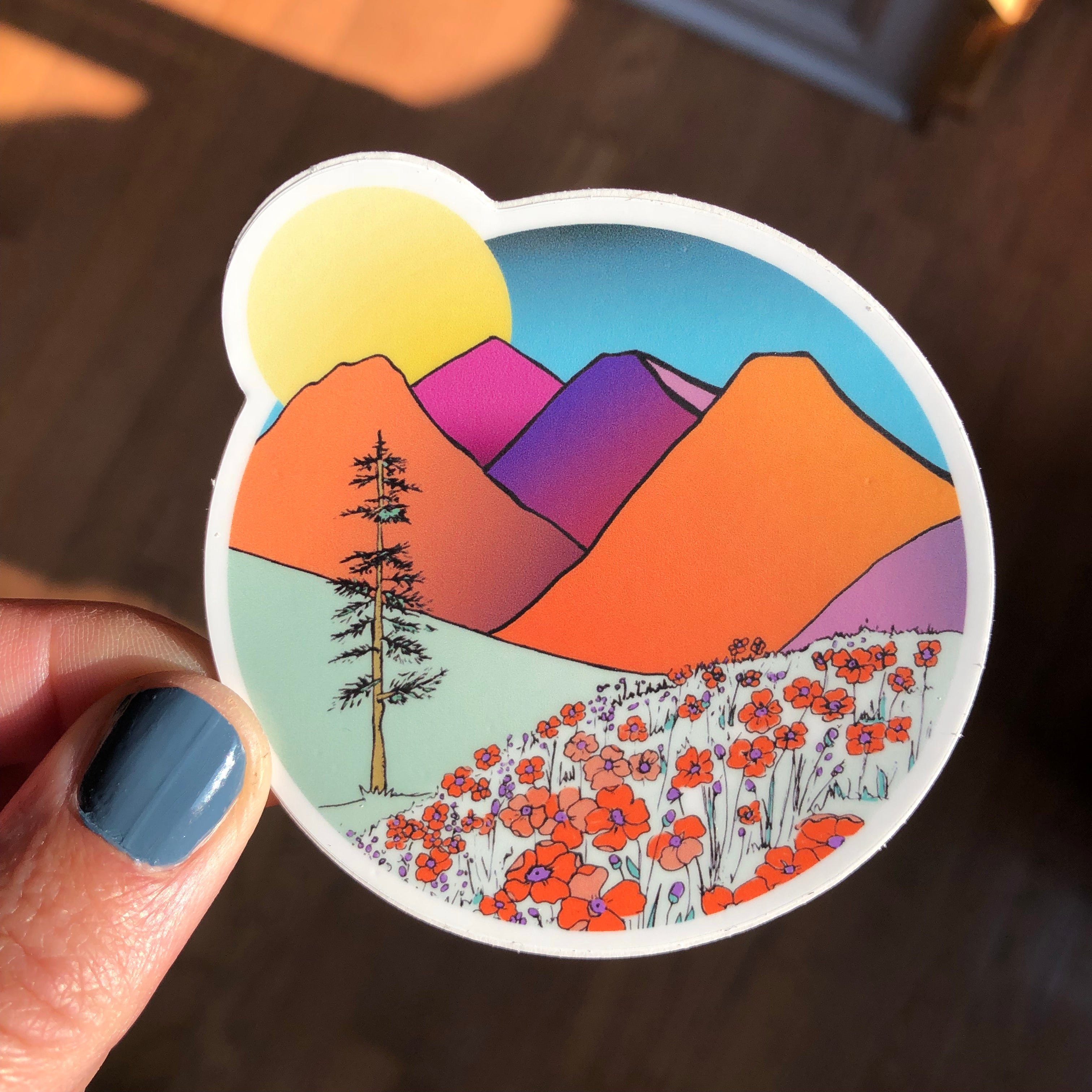 Mountains and Poppies Sticker-Vinyl Sticker-Roam Wild Designs