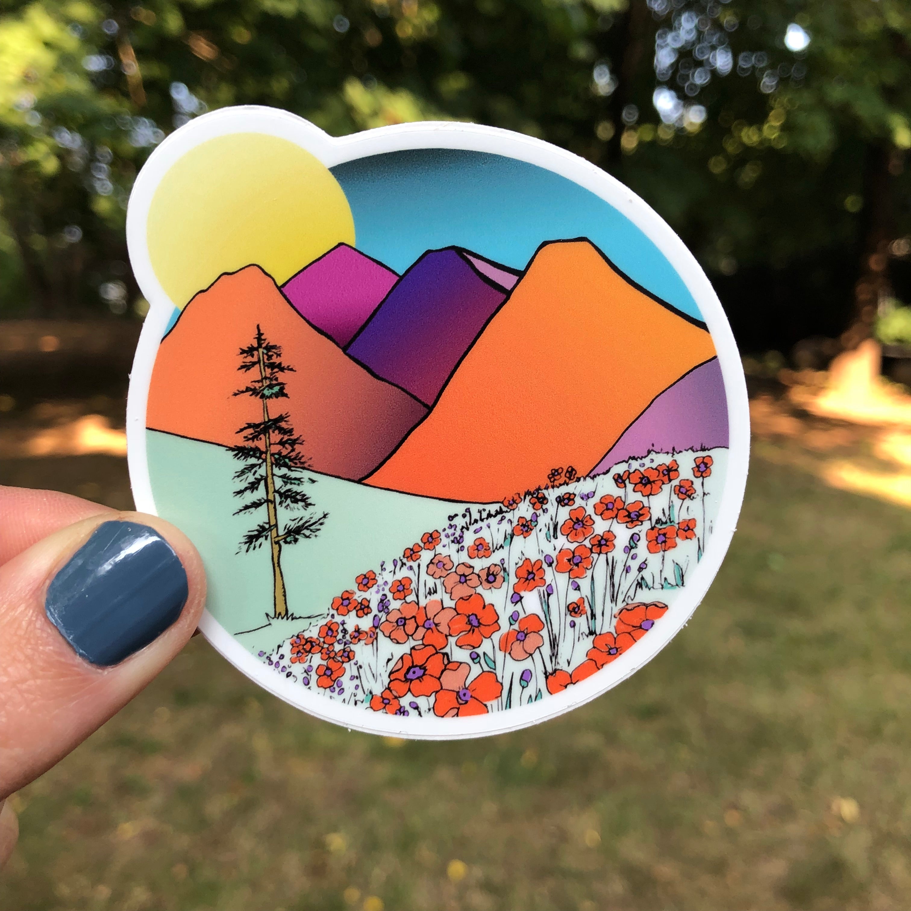 Mountains and Poppies Sticker-Vinyl Sticker-Roam Wild Designs