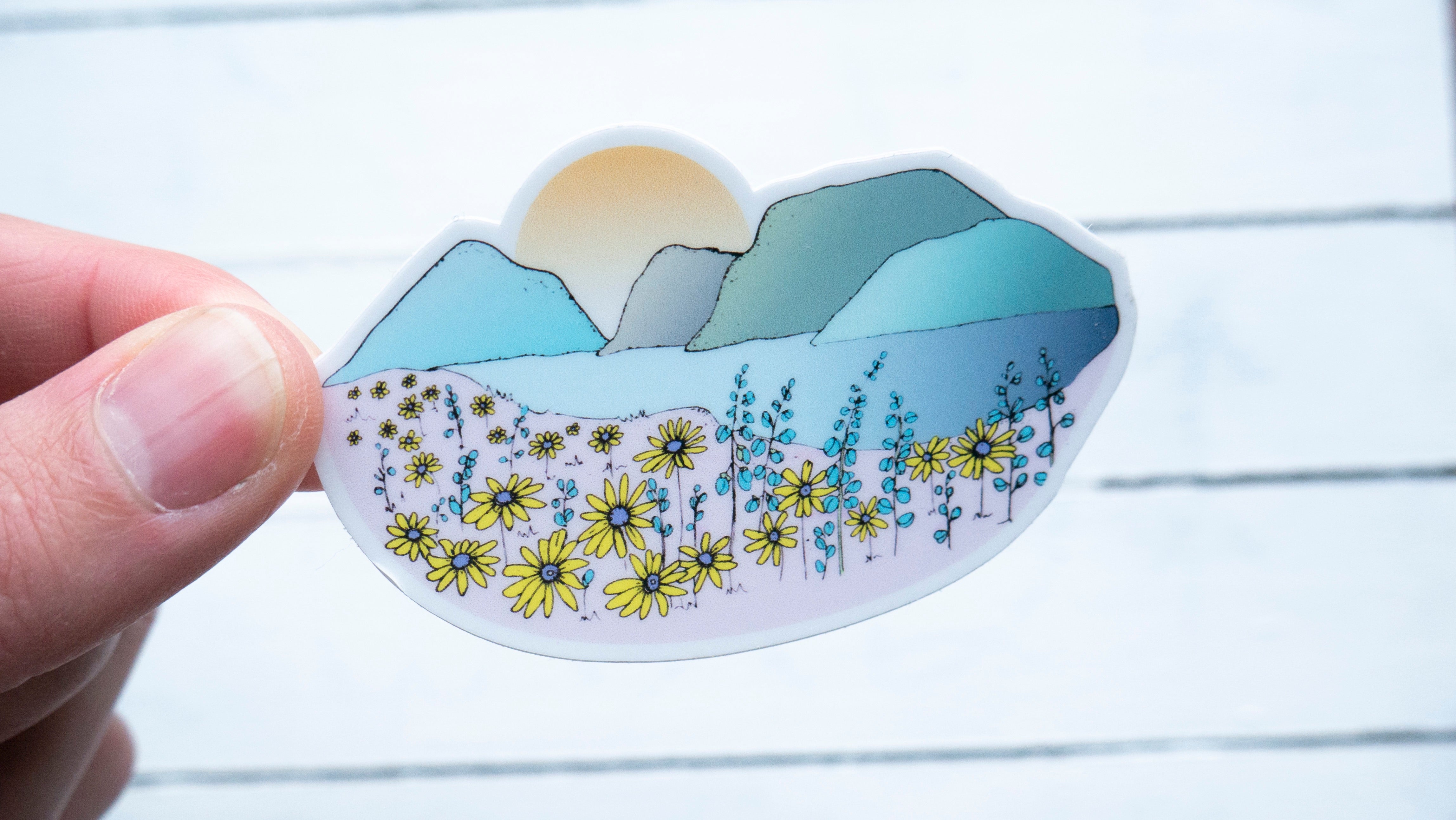 Blue Sunflower Mountains Sticker-Vinyl Sticker-Roam Wild Designs