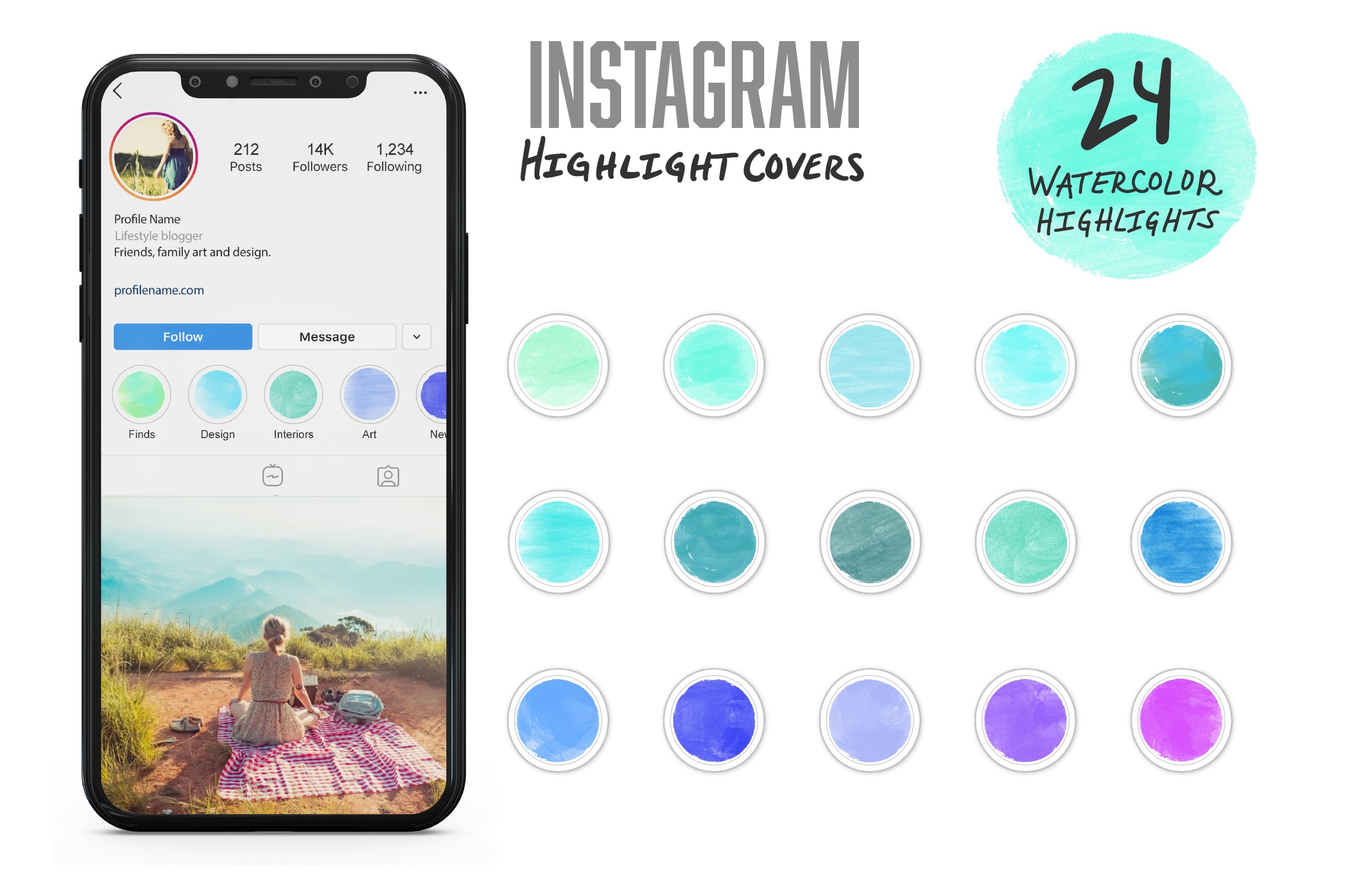 Instagram Watercolor Highlight Covers: 24 Hand Painted Pastel Watercolor Story Icons-Roam Wild Designs