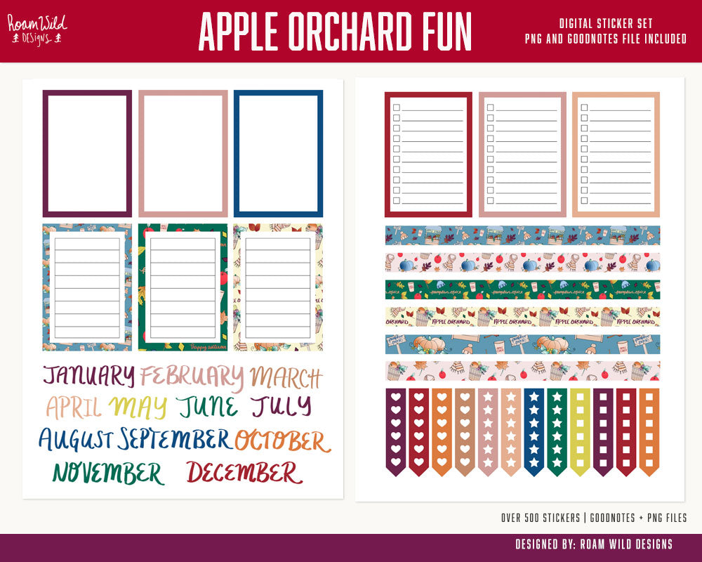 Apple Orchard Fun Digital Planner Stickers, Digital Stickers for Goodnotes, Planner Stickers for iPad, Digital Stickers for Notability-Roam Wild Designs
