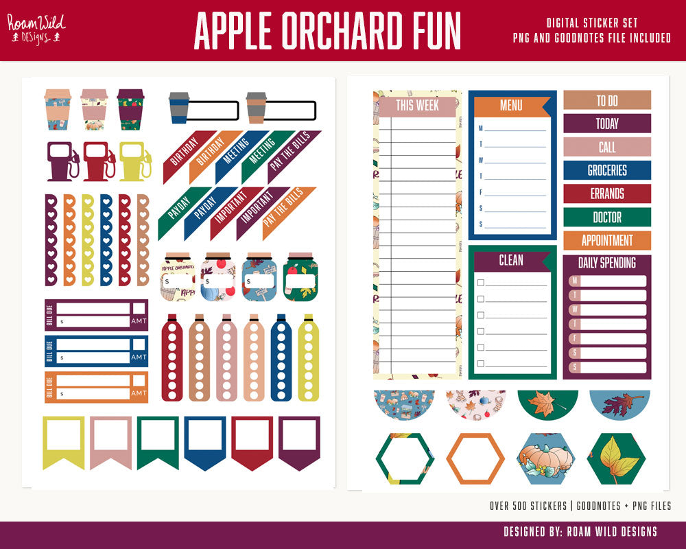 Apple Orchard Fun Digital Planner Stickers, Digital Stickers for Goodnotes, Planner Stickers for iPad, Digital Stickers for Notability-Roam Wild Designs